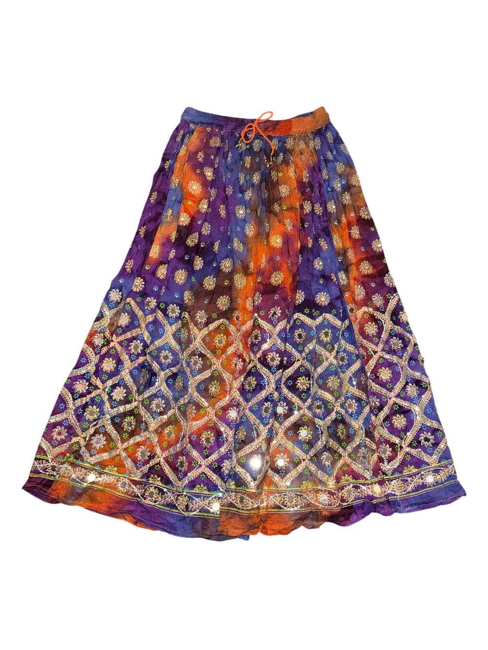 Nusantara Purple Orange Tie Dye Mirror Sequin Embroidered Maxi Skirt OS boho